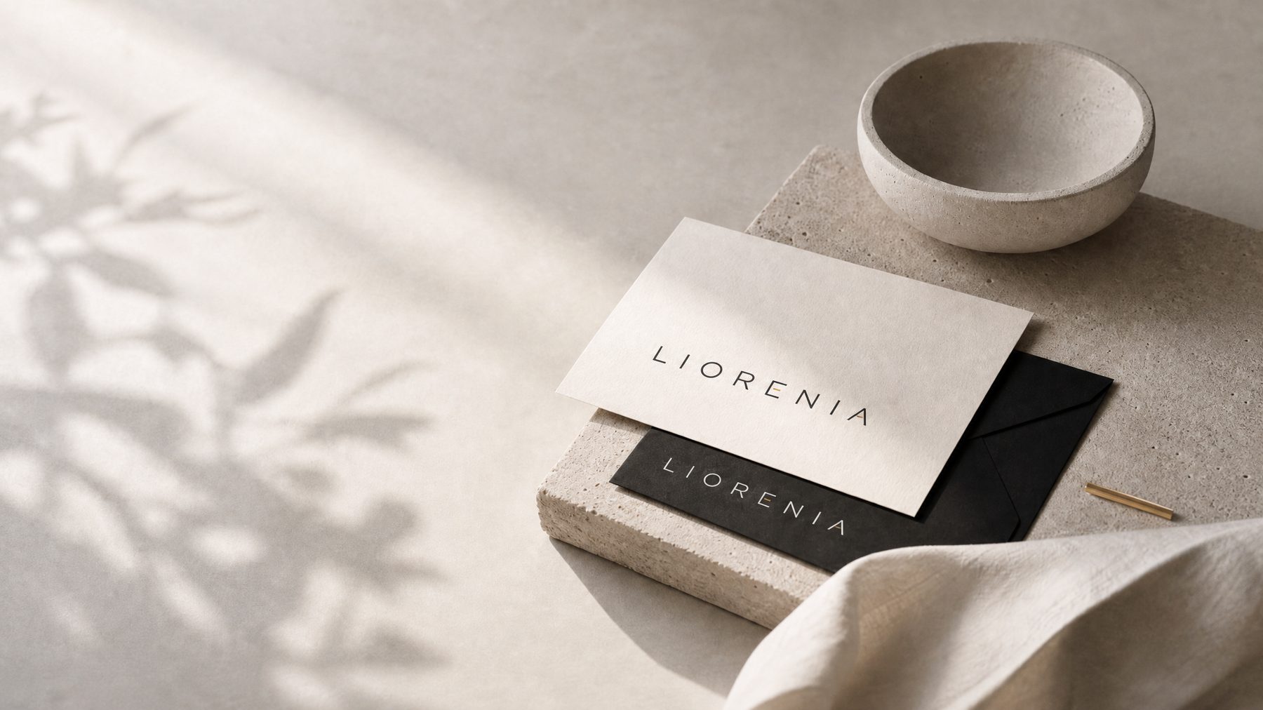Papelería de LIORENIA sobre piedra: tarjeta clara y sobre negro